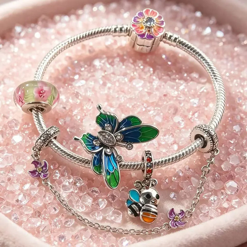 Charms Plants & Insects Flower Bee Butterfly Beads Bracelet Pendant Set Fine 925 Sterling Silver Jewelry Gift Box For Women