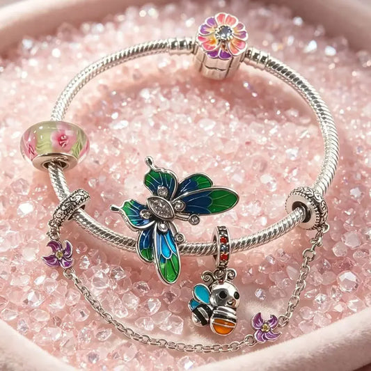 Charms Plants & Insects Flower Bee Butterfly Beads Bracelet Pendant Set Fine 925 Sterling Silver Jewelry Gift Box For Women