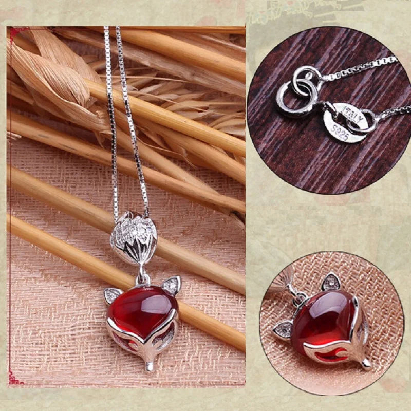 Brand new sterling 925 silver CZ necklace fashion red garnet fox head clavicle chain jewelry