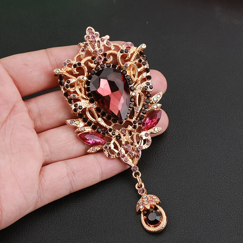 Women's Retro Crystal Teardrop Brooch – Rhinestone Pendant Pin