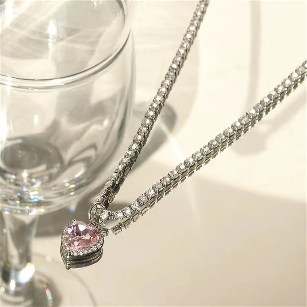 Pink Crystal Heart Pendant Necklace