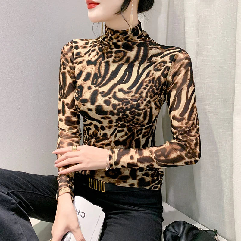 Fall Winter European Clothes Office T-Shirt Fashion Sexy Turtleneck Print Leopard Women's Tops Long Sleeve Tees 39217