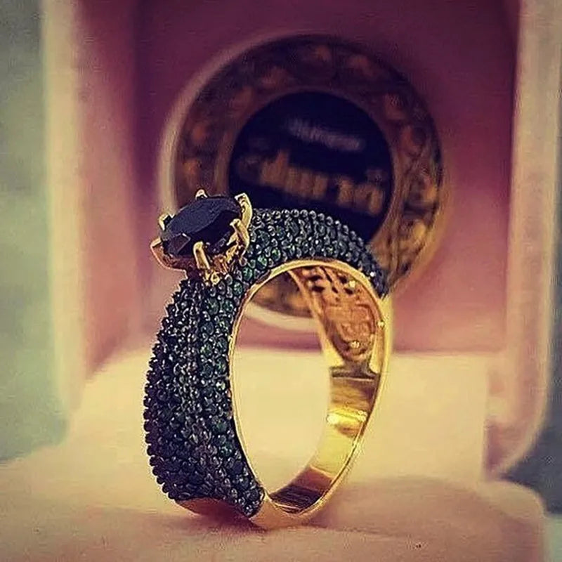 Luxury Gold Color Set Black Stone Rings Women Green Stone Engagement Wedding Rings Jewelry