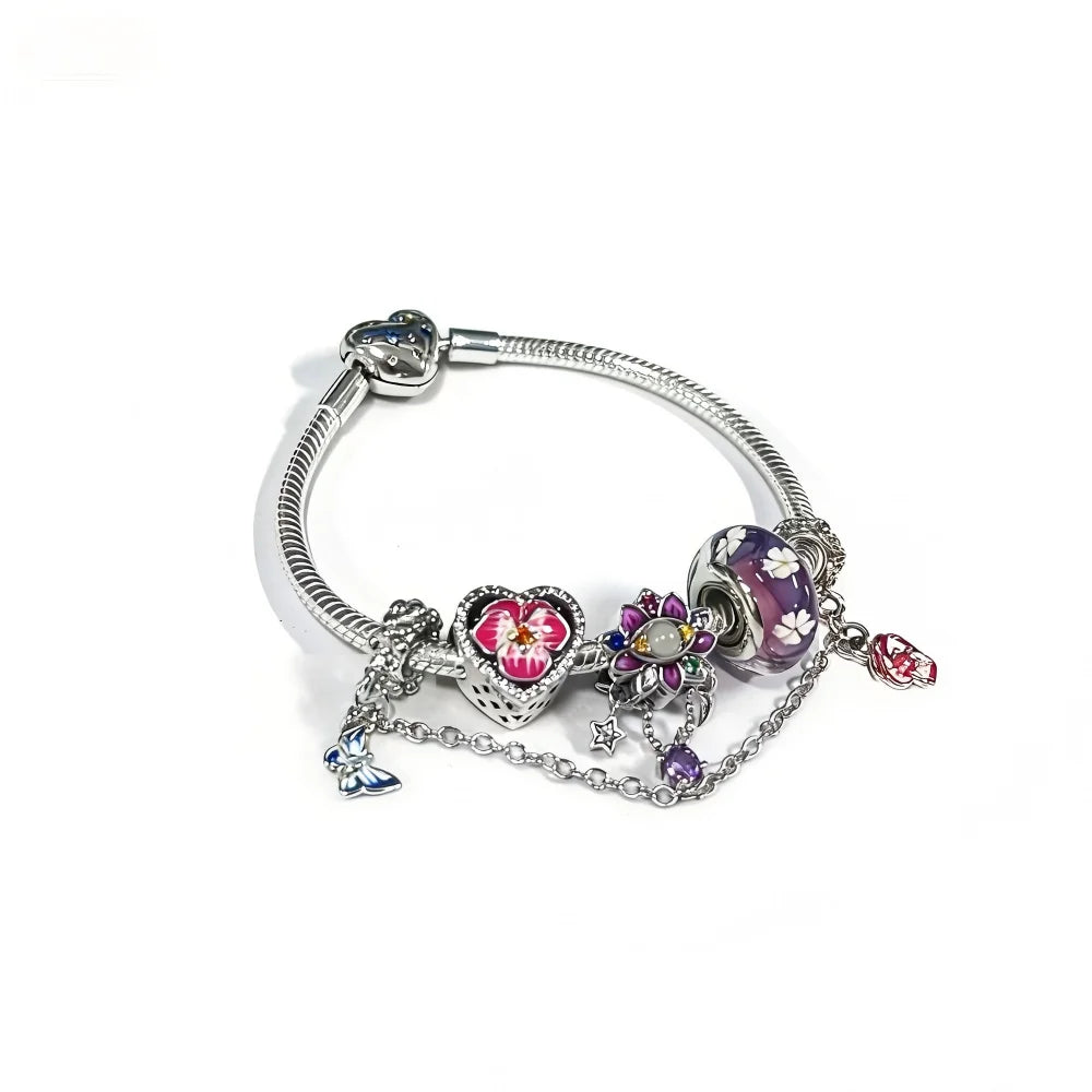 Charms Set 925 Silver Snowflake Murano Glass Beads Colored Pink Flowers Lotus Beaded DIY Love Bracelet Jewelry Gift with Box