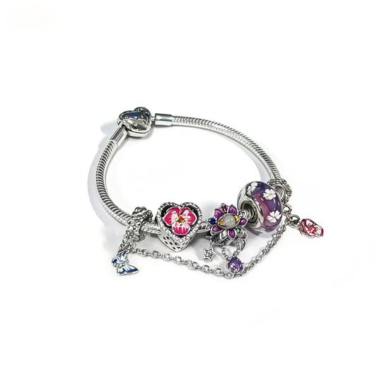 Charms Set 925 Silver Snowflake Murano Glass Beads Colored Pink Flowers Lotus Beaded DIY Love Bracelet Jewelry Gift with Box