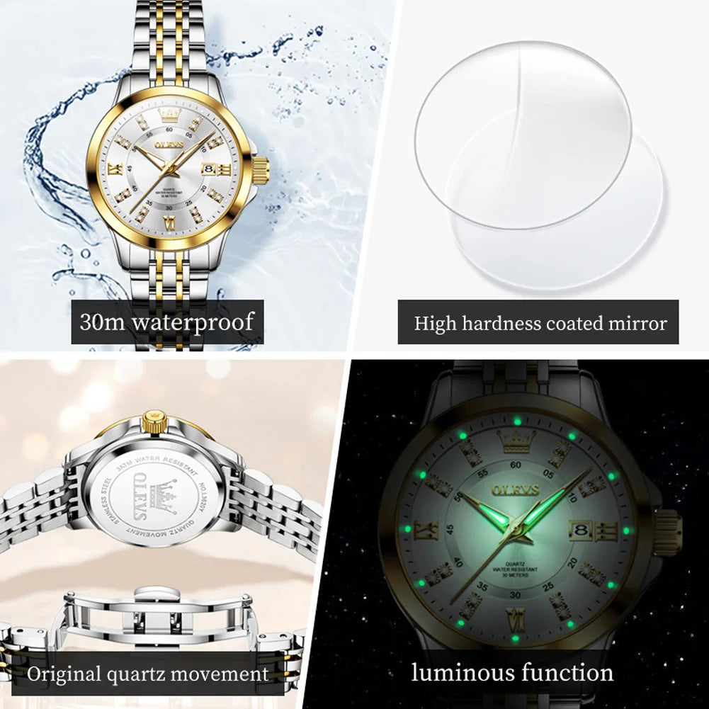 OLEVS Women's Elegant Diamond Quartz Watch | Stainless Steel | Luminous | 4 Colors | Waterproof