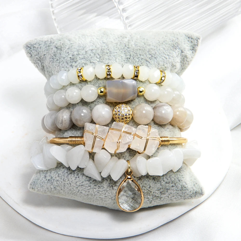 Natural Stone Beaded Bracelet Set - 5 Piece Bohemian Stack