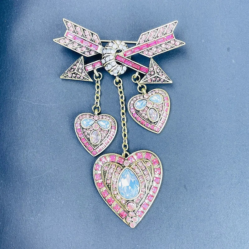 Cupid's Arrow Rhinestone Heart Brooch – Antique Gold Statement Pin