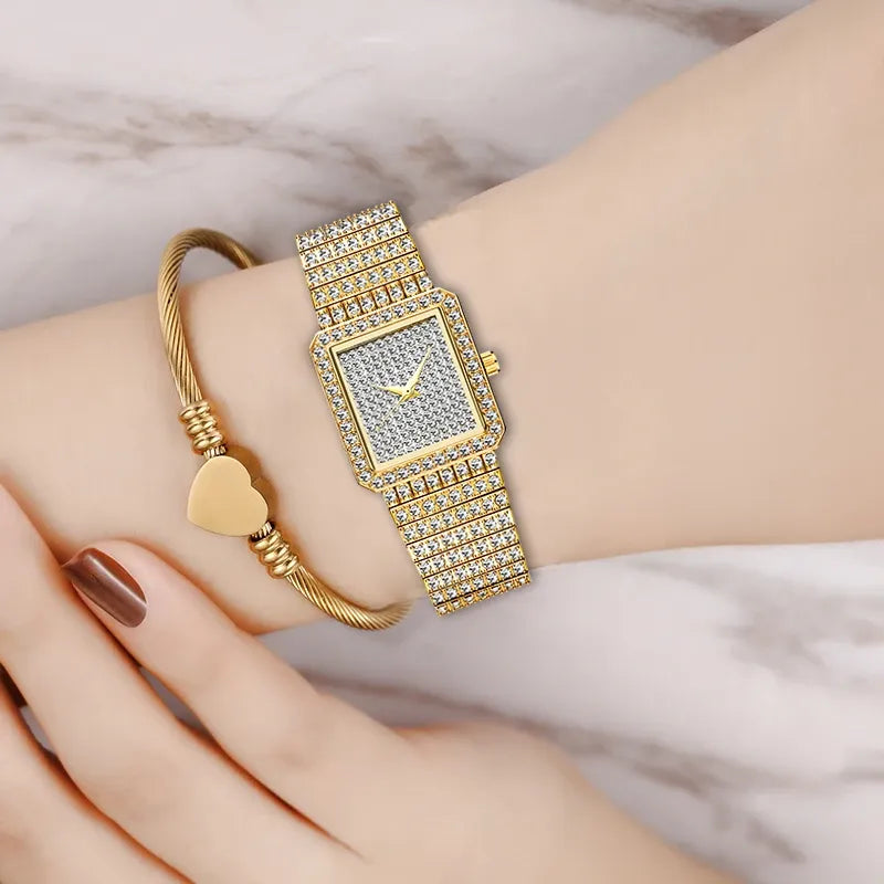 Luxury Gold Women's Watches Fashion Hip Hop Iced Diamond Jewelry Waterproof Square WristWatch Ladies Gift Free Shipping