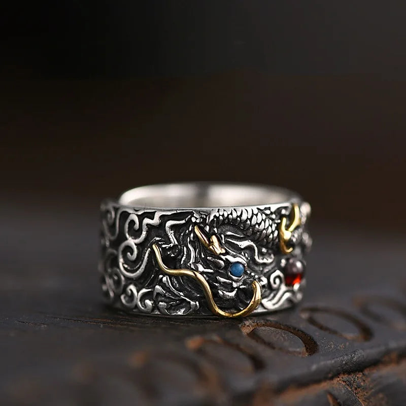 Classic Vintage Style Dragon Silver Ring Turquoise Onyx Open Adjustable Rings