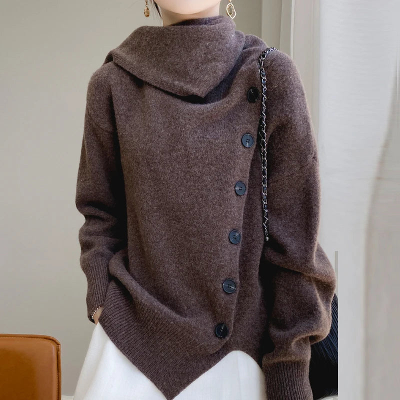 Autumn/Winter New Women's 100% Wool Cashmere Sweater Scarf Tie Button Pullover Loose Korean Fashion Knitted Women's Top