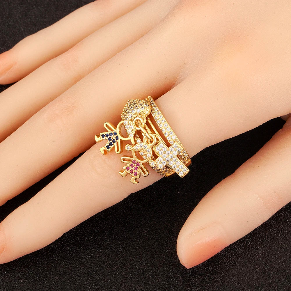 Women's Gold Plated Family Charm Ring – Adjustable