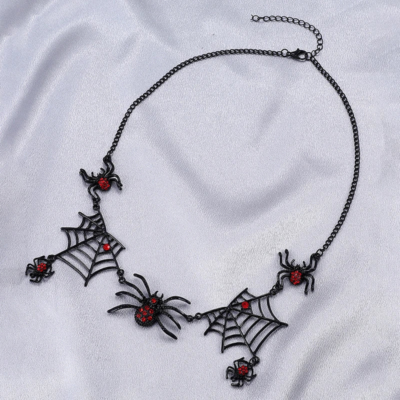 Gothic Black Spider Red Crystal Pendant Necklace For Women Spider Web Punk Goth Rock Unique Fashion Halloween Jewelry Party Gift