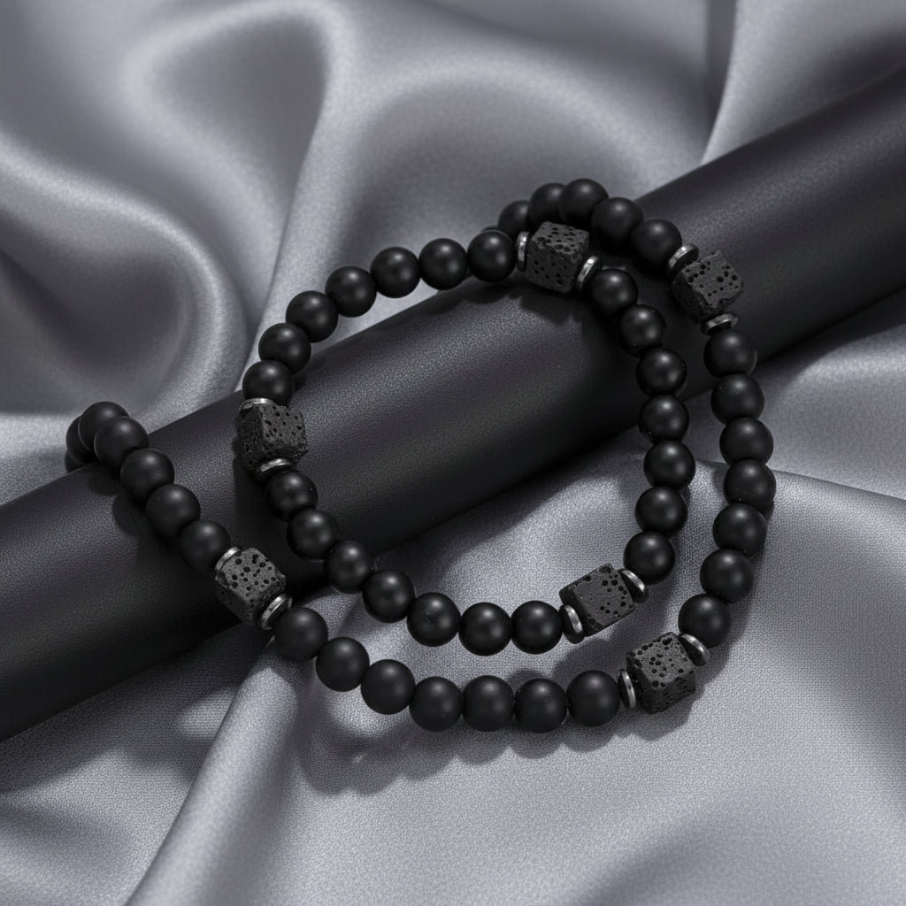 Men's 8mm Natural Matte Black Onyx & Lava Stone Bracelet & Necklace Set