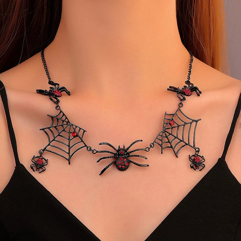 Gothic Black Spider Red Crystal Pendant Necklace For Women Spider Web Punk Goth Rock Unique Fashion Halloween Jewelry Party Gift