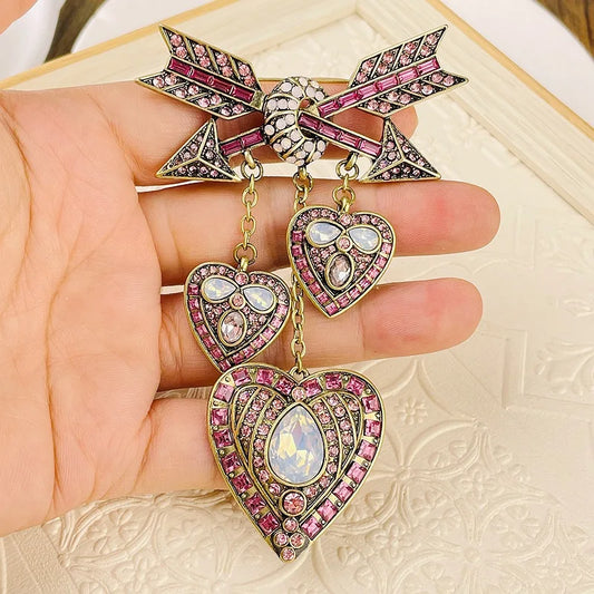 Cupid's Arrow Rhinestone Heart Brooch – Antique Gold Statement Pin