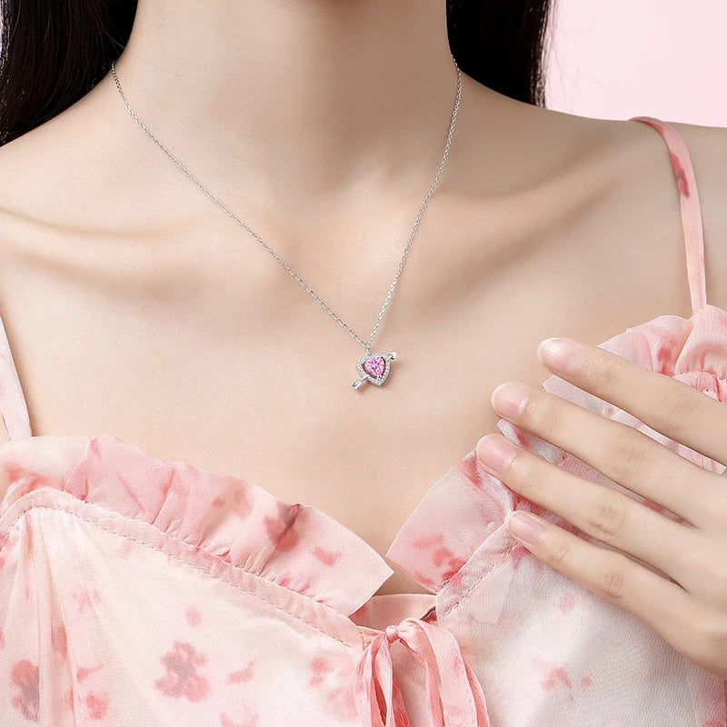 Silver 925 LOVE Necklace Women Cupid's Arrow Fairy Design Light Luxury Pink Zircon Diamond Charm Heart Shaped Pendent 45cm Chain