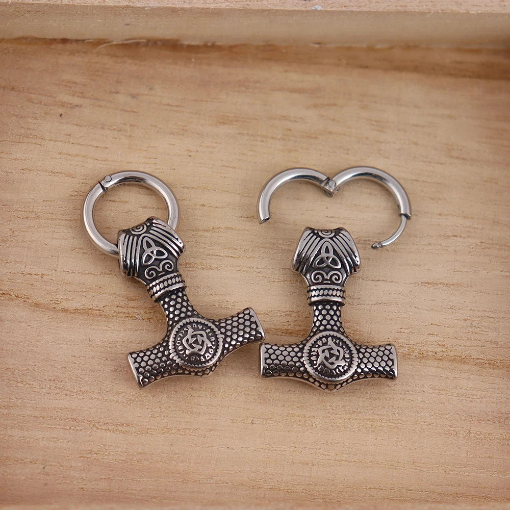 Stainless Steel Men's Thor's Hammer Viking Earrings Vintage Nordic Celtic Knot Rune Drop Earring Hip-hop Biker Jewelry Wholesale