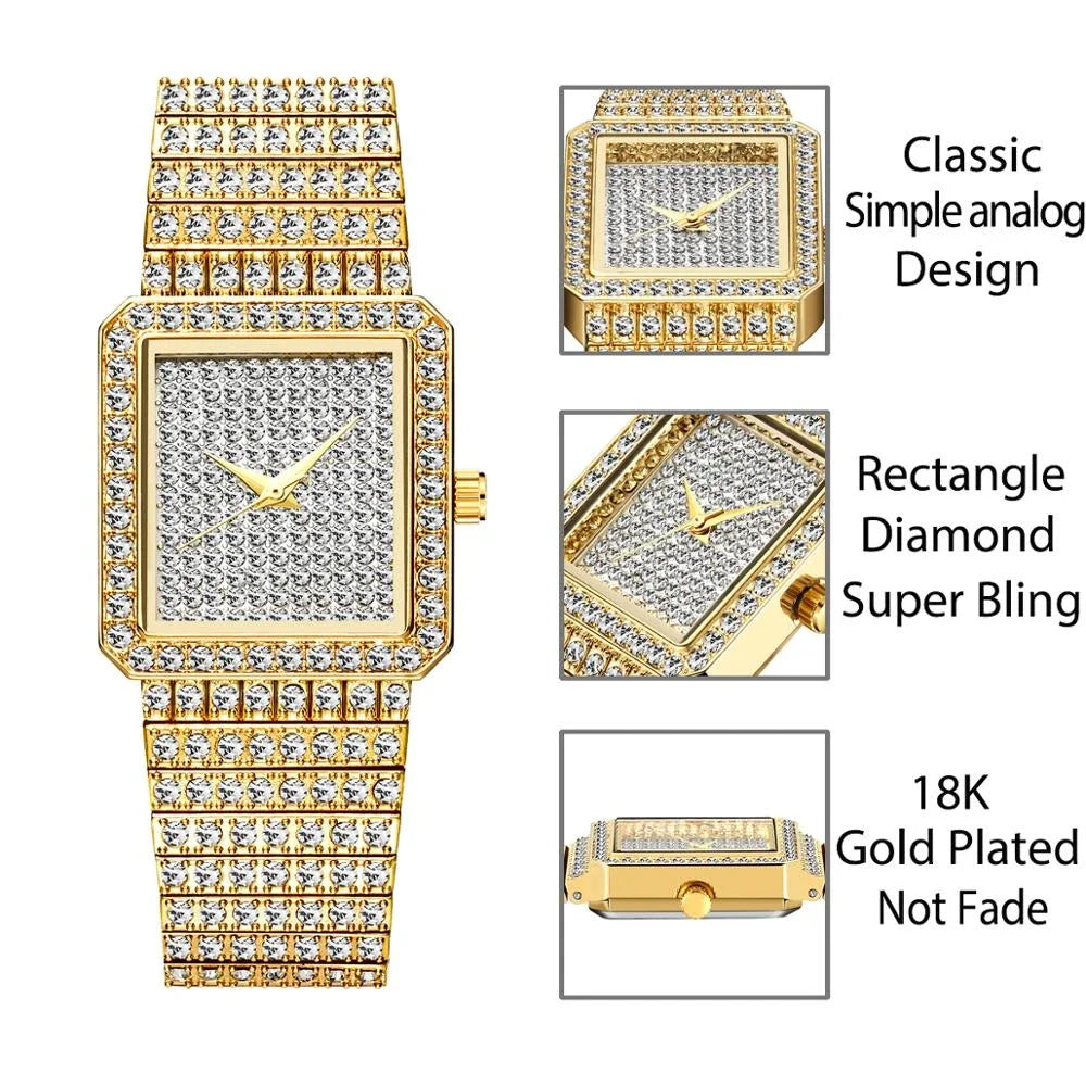 Luxury Gold Women's Watches Fashion Hip Hop Iced Diamond Jewelry Waterproof Square WristWatch Ladies Gift Free Shipping