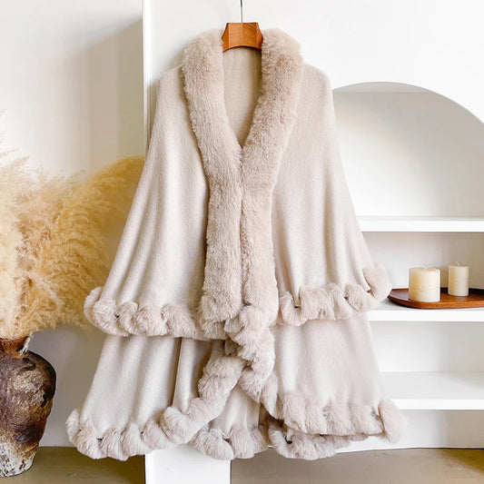 Winter New Thicken Mink Wool Full Trims Faux Fur Cape - Women's Hooded Loose Fleece Cloak Coat for Party Dress Wraps Warm
