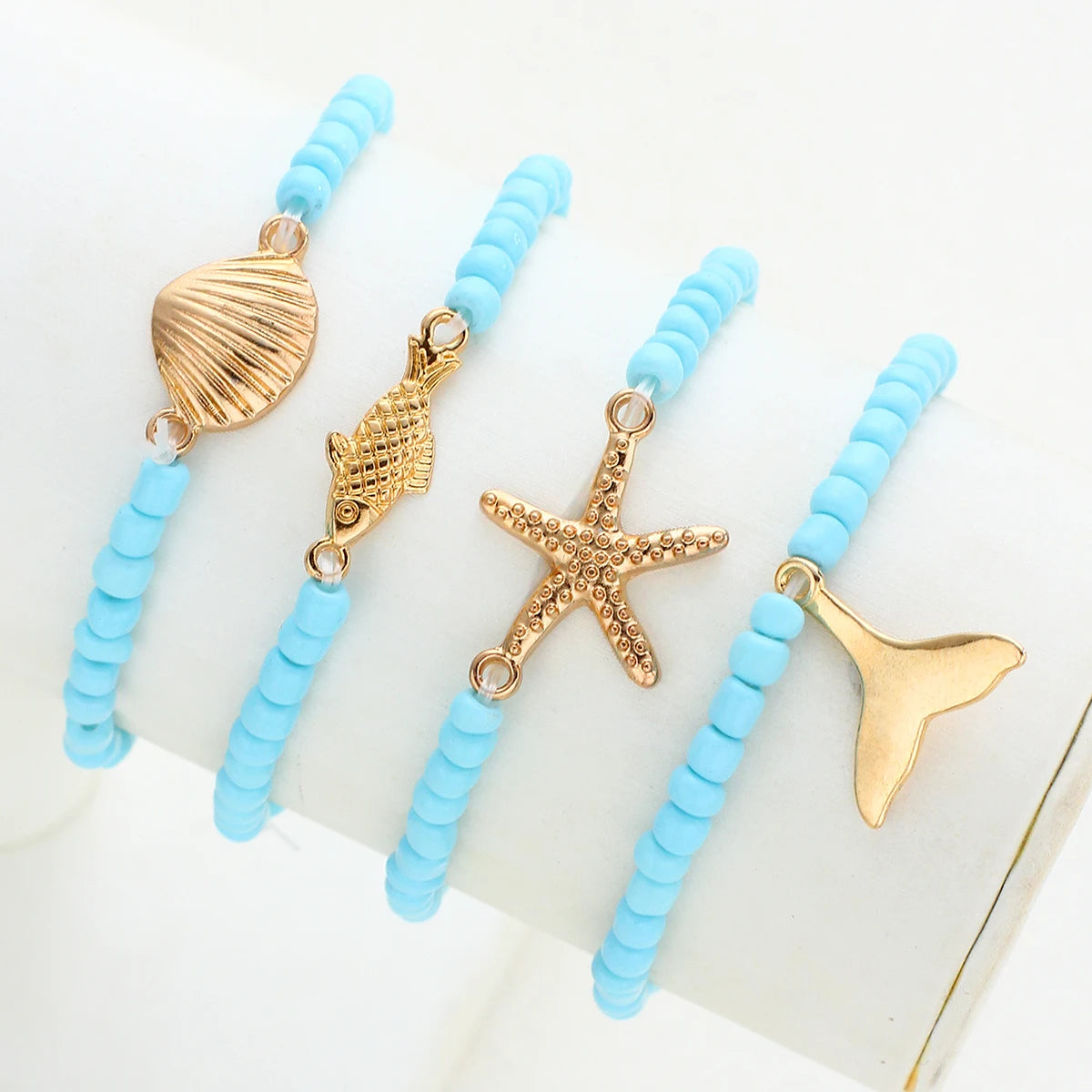 4 Pcs Ocean Themed Beaded Bracelet Set Women Blue Rice Bead Starfish Fish Shell Tail Charm Seaside Beach Vacation Trendy Jewelry