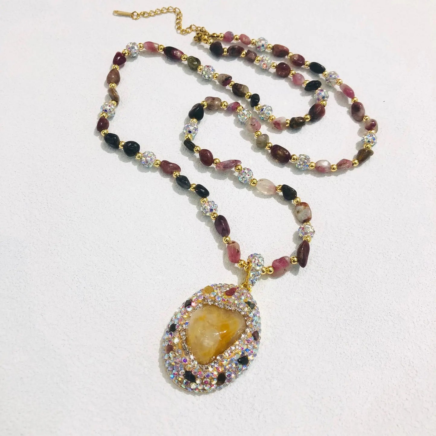 Natural Tourmaline Pendant Necklace - Retro Long Chain Necklace