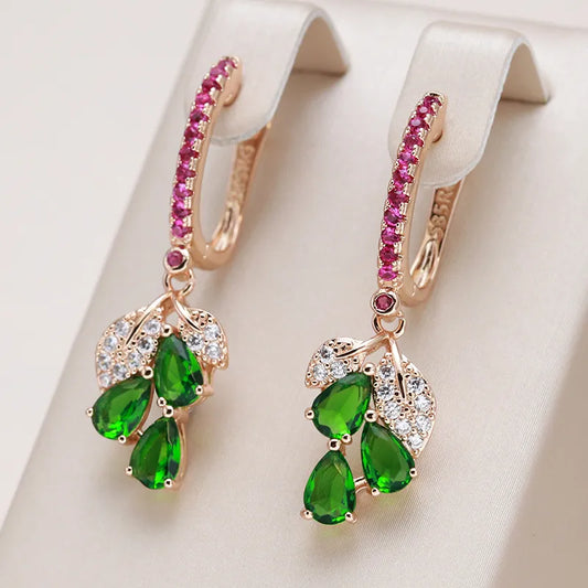 New 585 Rose Gold Color Long Earring for Women Vintage Green Natural Zircon Flower Drop Earring High Quality Daily Jewelry