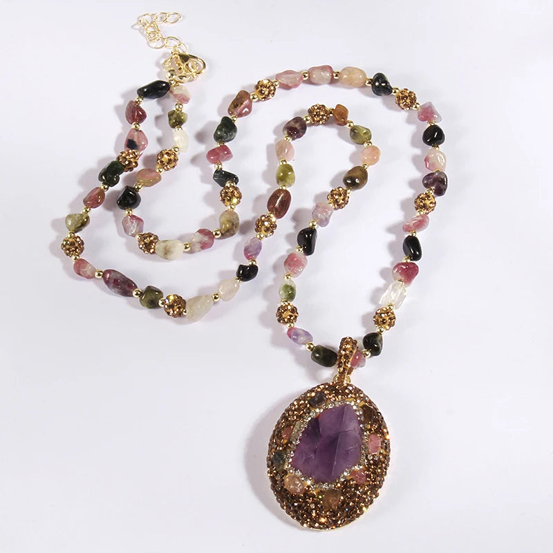 Fashion Bohemian Jewelry Accessory Multicolor Tourmaline stone and Crystal Baroque Pearl Pendant Necklaces For Women