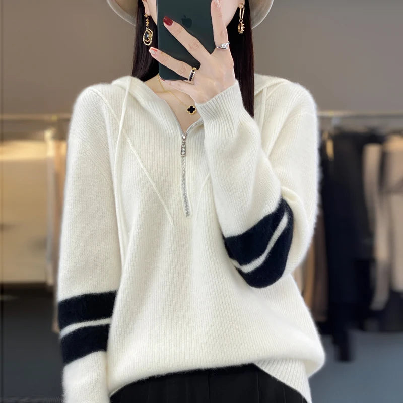 Autumn and Winter New Women's Cashmere Sweater 100% Wool Hoodie Knitted Pullover Loose Korean Fashion Thickened Top