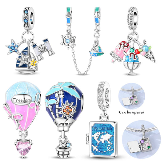 Charms 925 Silver Retractable Passport Beads Hot Air Balloon Ice Cream Pendant Fit Original Bracelets Women DIY Jewelry Gifts