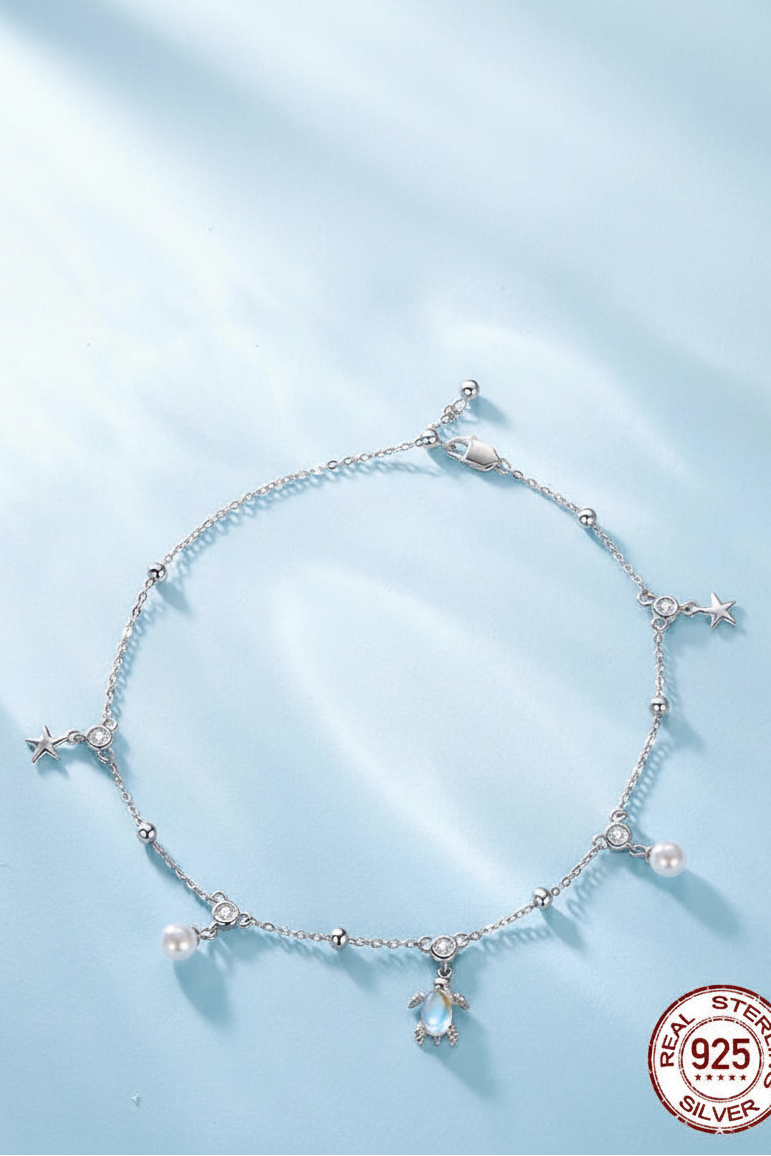 Sterling Silver Turtle Charm Anklet for Women | Stars, Pearls & Sea Turtle | 925 Silver Beach Anklet