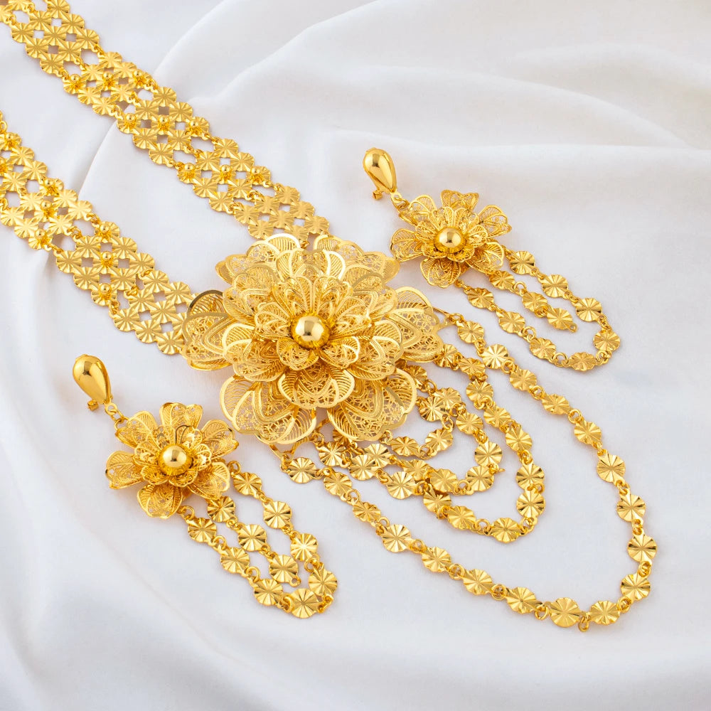 24K Gold Plated Double Layer Flower Tassel Necklace & Earrings Set | Dubai African Bridal Jewelry