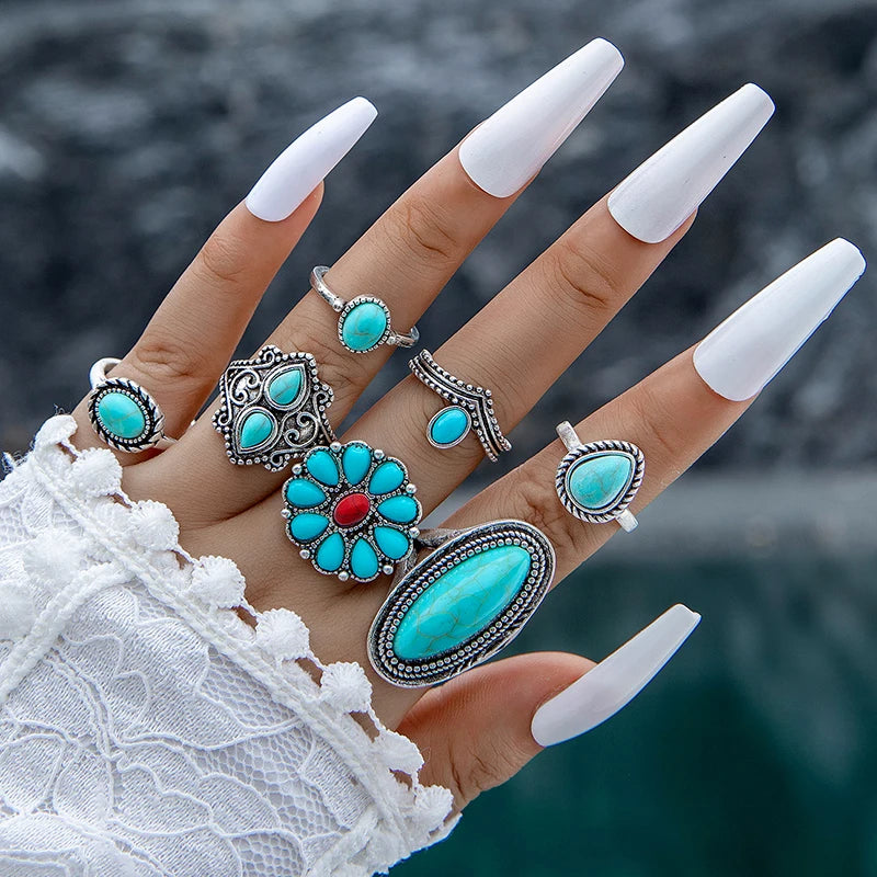 Vintage Flower Ring with Green Stone - Bohemian Statement Ring