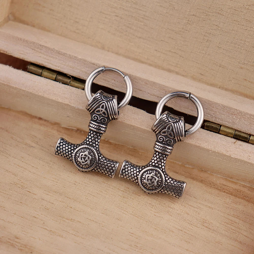 Stainless Steel Men's Thor's Hammer Viking Earrings Vintage Nordic Celtic Knot Rune Drop Earring Hip-hop Biker Jewelry Wholesale