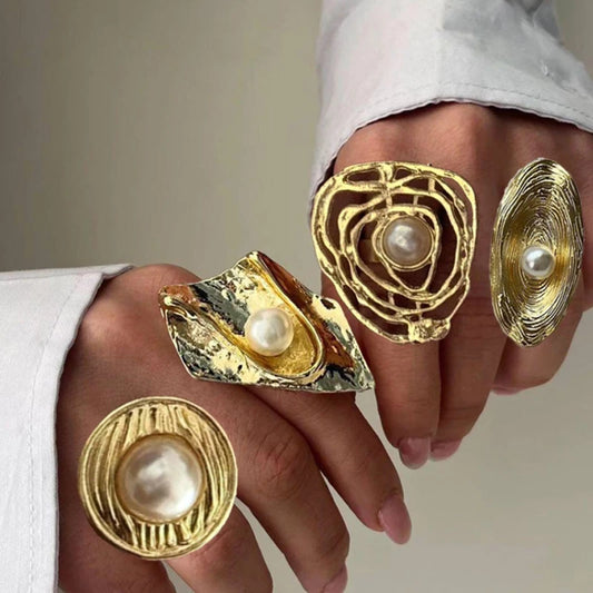 4 Pcs Exaggerated Gold Color Ring Set for Women 2025 Personality Metal Punk Party Big Flower Finger Ring Jewelry Accessories