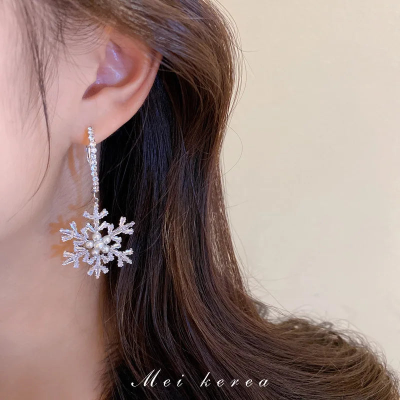 Silver Needle Zirconia Snowflake Pearl Drop Earrings For Women Christmas New Year Jewelry Earrings Gifts Party