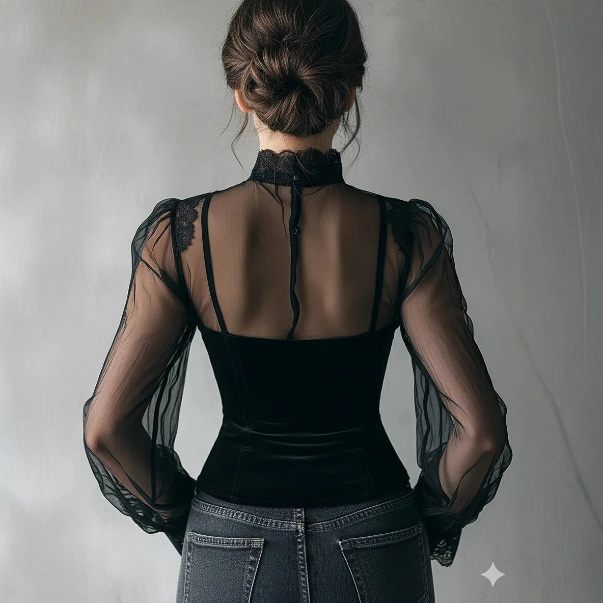 Mesh Elegant Slim Blouse Top/Lace See Through Gothic Punk High Neck Velvet Patchwork Long Sleeve Blouse Autumn