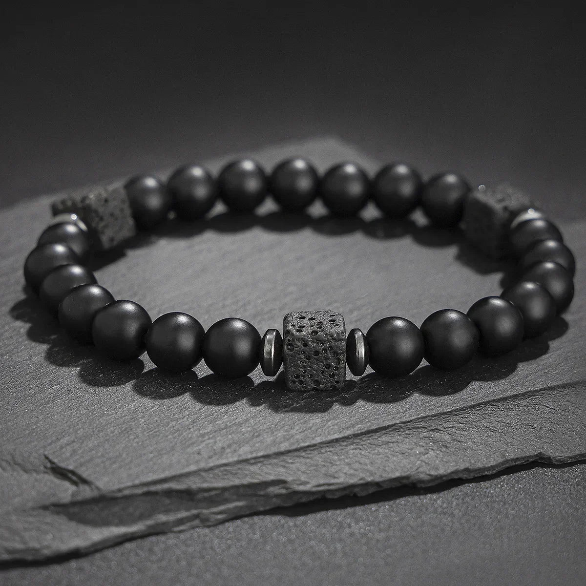 Men's 8mm Natural Matte Black Onyx & Lava Stone Bracelet & Necklace Set