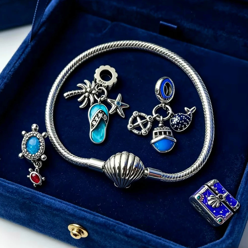 Fashion Jewelry 925 Silver Cruise Dolphin Turtle Beads Coconut Tree Charms Pendant Shell Bracelet DIY Exquisite Gift with Box