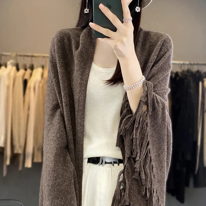 Knitted Cashmere Cardigan 100% Wool Sweater Women's Autumn/Winter New Solid Color Jacket Loose Korean Fashion Knitted Wool Shawl