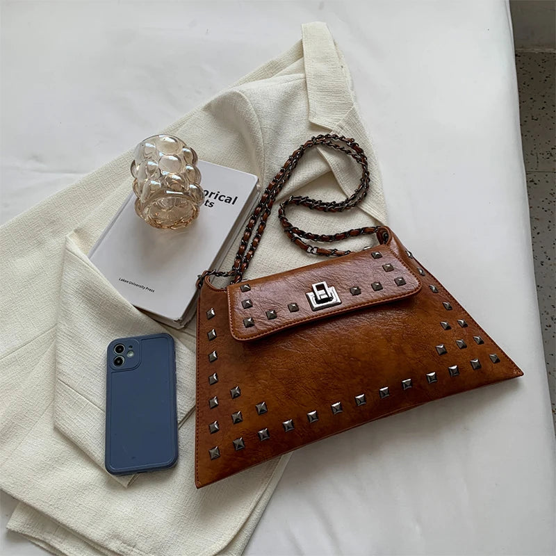Punk Studded Envelope Shoulder Bag for Women | Rivet Chain Crossbody Handbag | Black & Chocolate