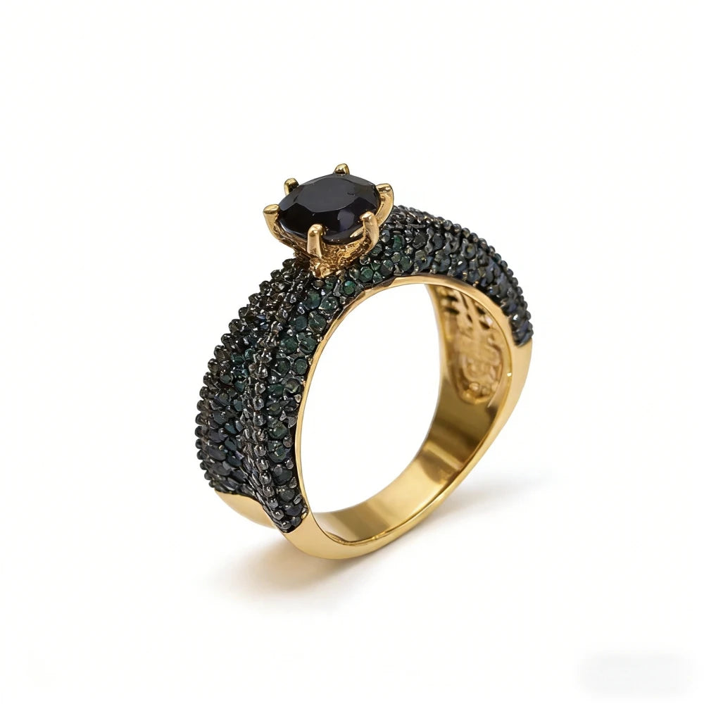 Luxury Gold & Black Stone Pavé Bridal Ring Set for Women