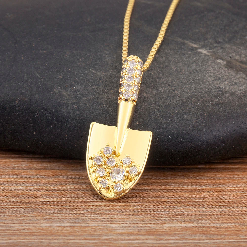 Gold Shovel Charm Pendant Necklace with Crystal Zircon