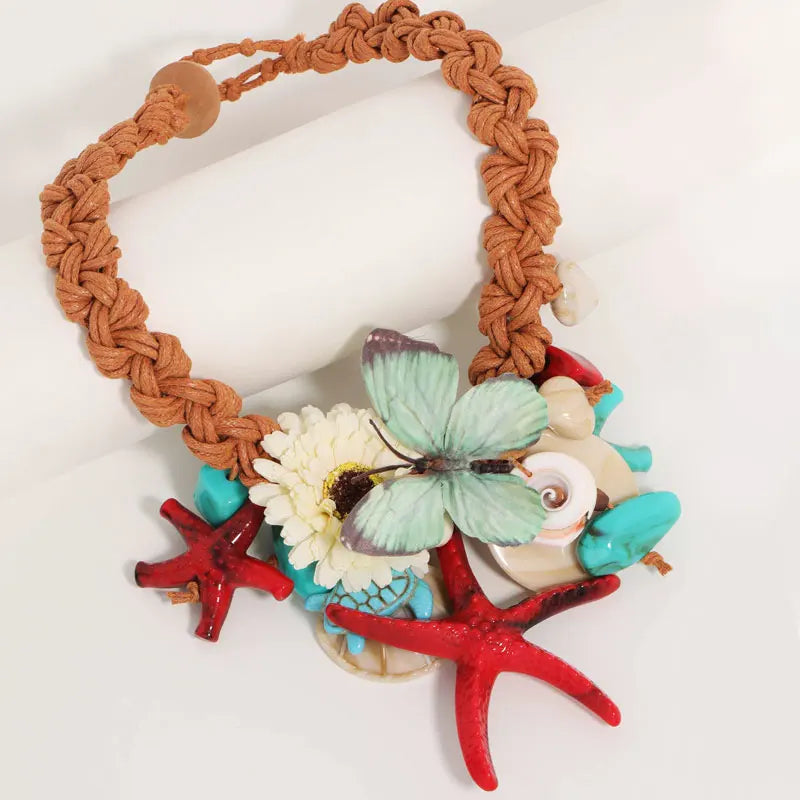 Statement Boho Simulation Starfish Sea Turtle Butterfly Exaggerated Necklace for Women Trendy Wedding Party Jewelry