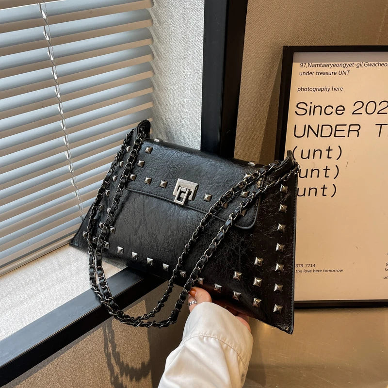 Punk Studded Envelope Shoulder Bag for Women | Rivet Chain Crossbody Handbag | Black & Chocolate