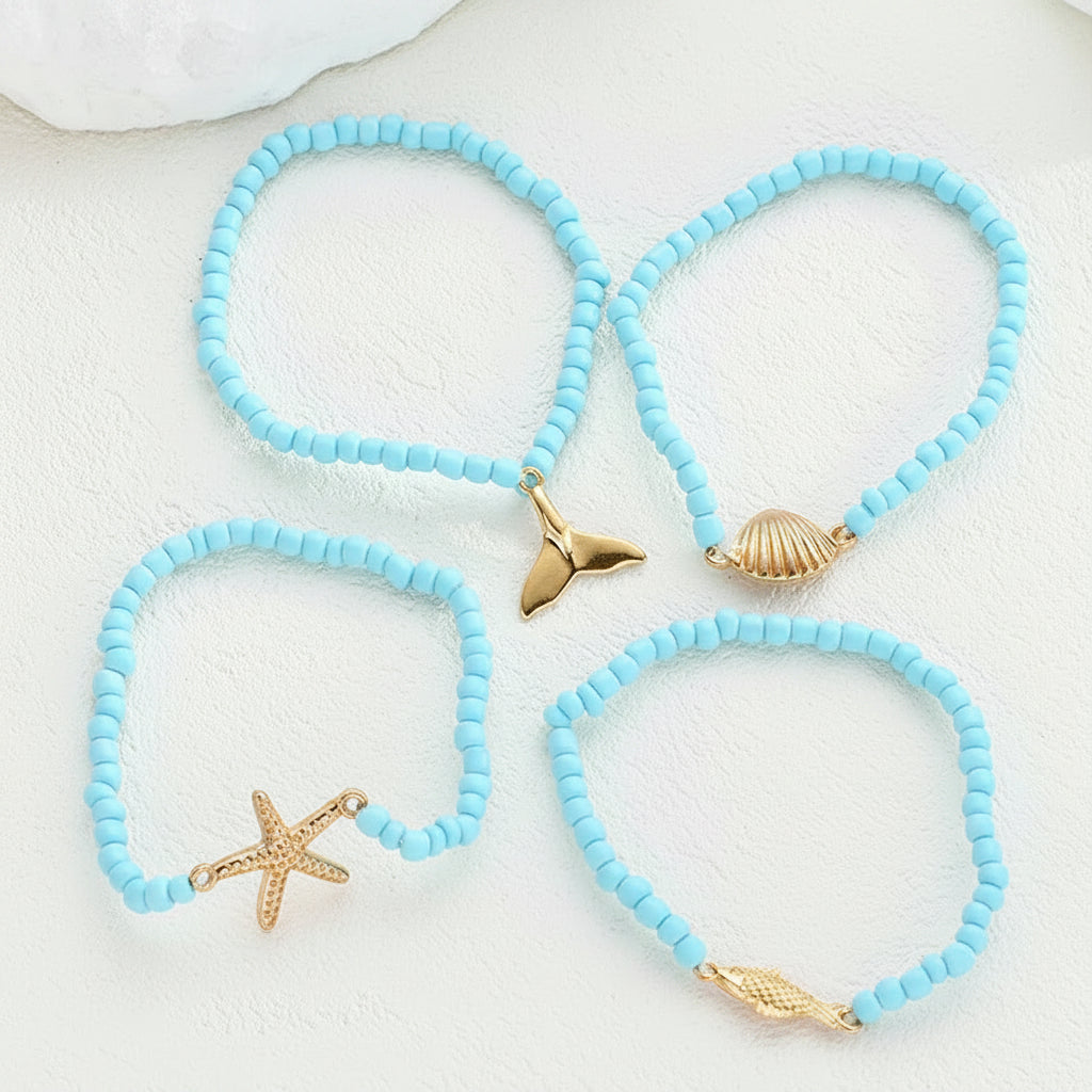 4 Pcs Ocean Themed Beaded Bracelet Set Women Blue Rice Bead Starfish Fish Shell Tail Charm Seaside Beach Vacation Trendy Jewelry