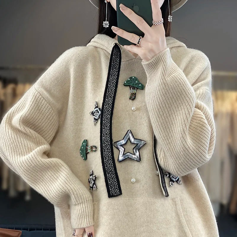 Autumn/Winter New Women's 100% Wool Cashmere Sweater Casual Thickened Hooded Collar Pullover Loose Korean Knitted Top