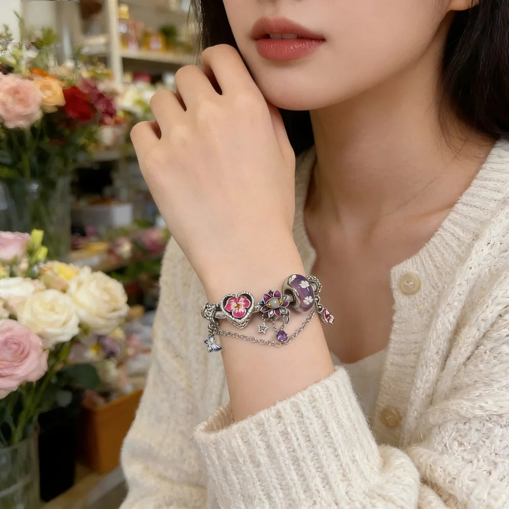 Charms Set 925 Silver Snowflake Murano Glass Beads Colored Pink Flowers Lotus Beaded DIY Love Bracelet Jewelry Gift with Box