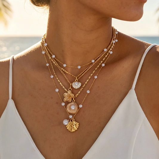 5 Pcs Boho Starfish Shell Pendant Necklace Set For Women Trendy Summer Beach Pearl Flower Necklaces Girls Travel Party Jewelry