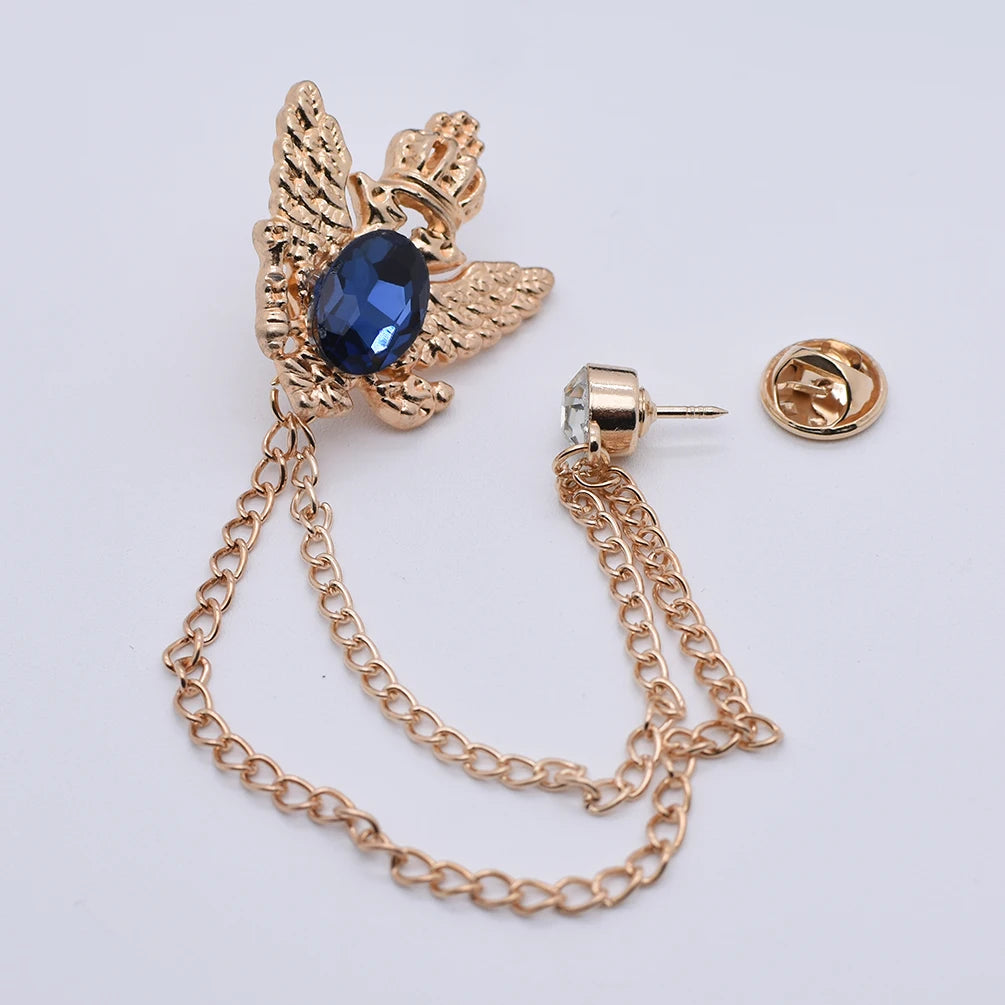 Men's Crystal Lion Brooch with Double Tassel Chain – Suit Lapel Pin